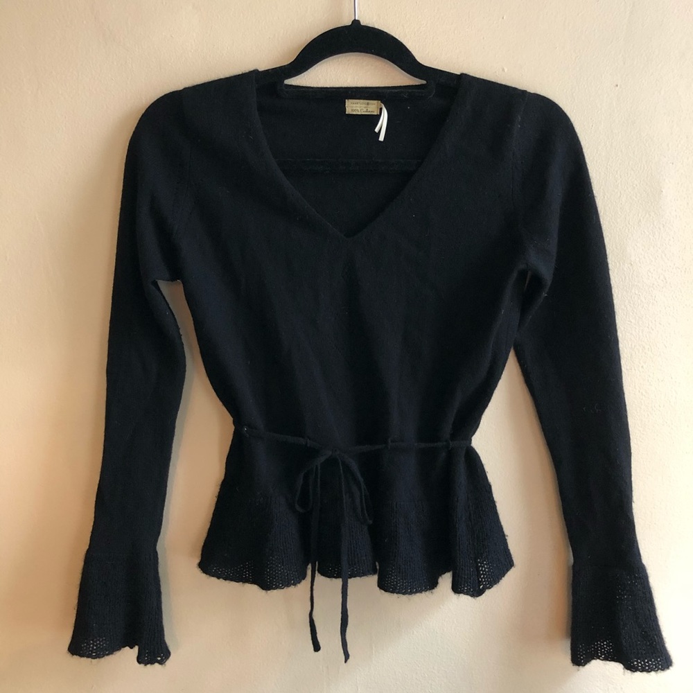 Max Studio 100% Cashmere V-Neck Peplum Sweater with Bell Sleeves